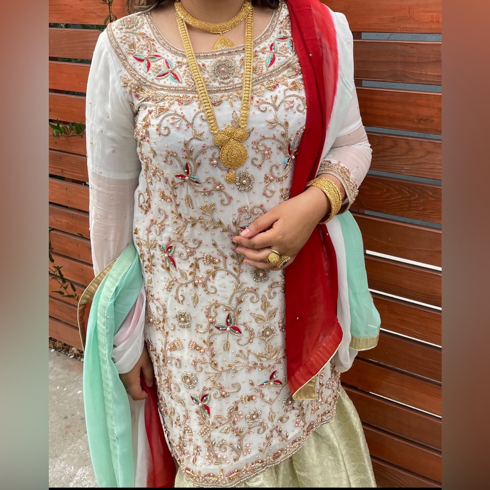 Pakistani Heavy Embroidered White Dress with ghagra - OPEN TO ALL OFFERS